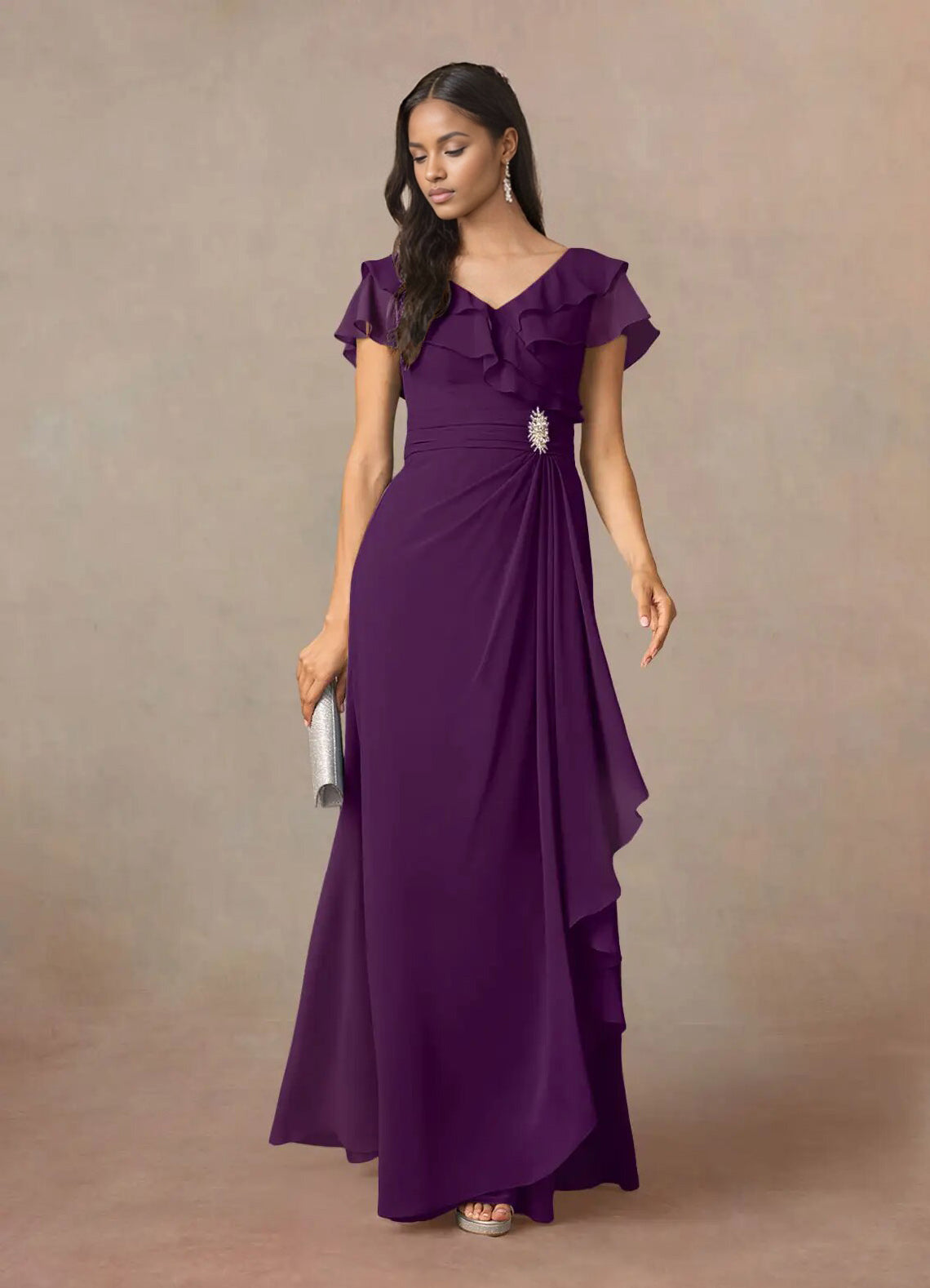 Augday A-Line V-Neck Ruched Chiffon Dress