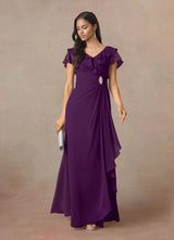 Augday A-Line V-Neck Ruched Chiffon Dress