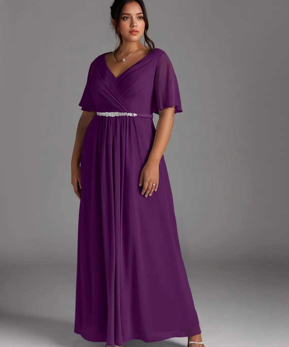 Augday A-Line V-Neck Pleated Chiffon Dress Plus Size