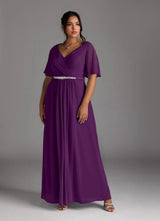 Augday A-Line V-Neck Pleated Chiffon Dress Plus Size