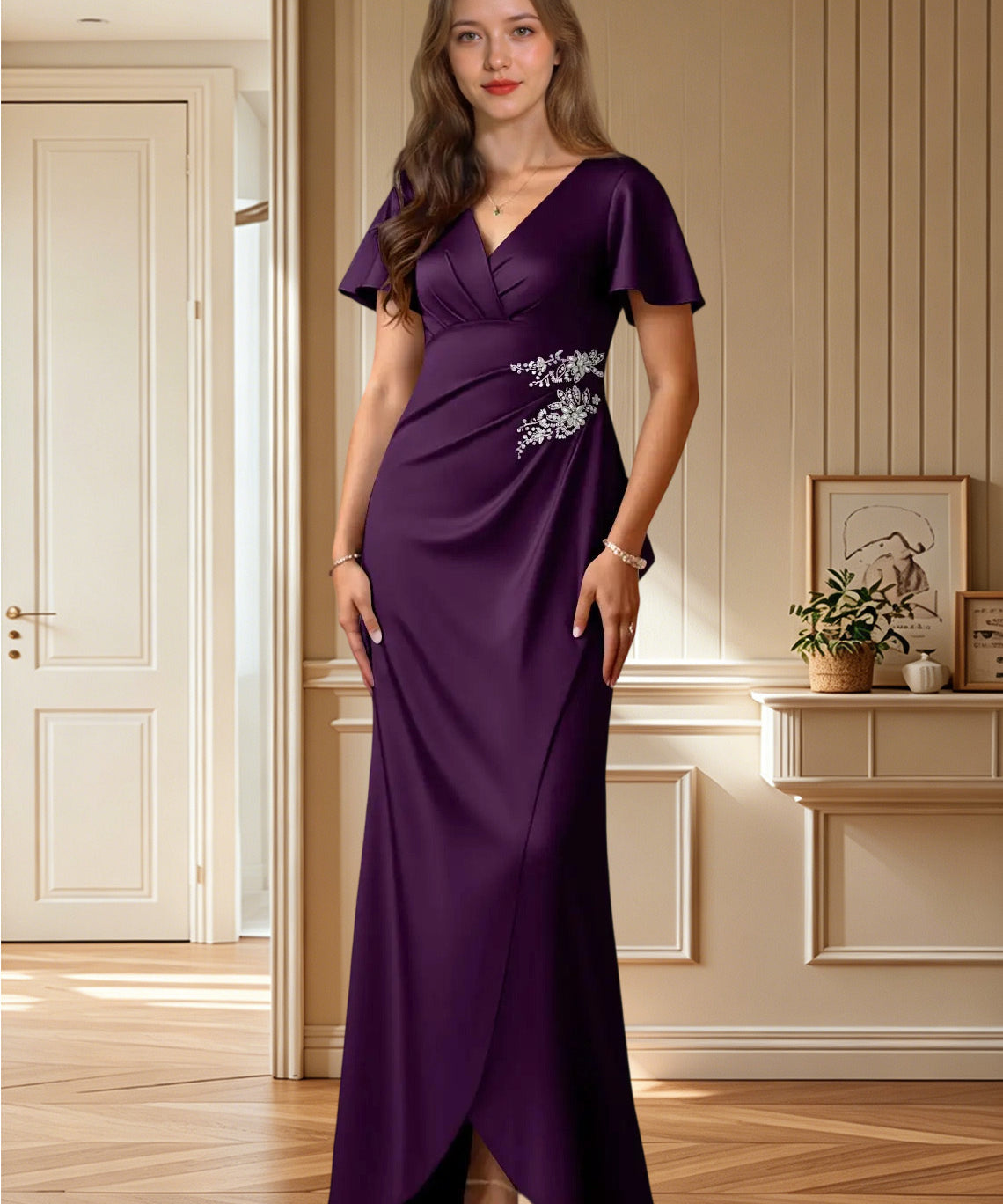 Augday Robins A-Line Pleated Stretch Satin Dress