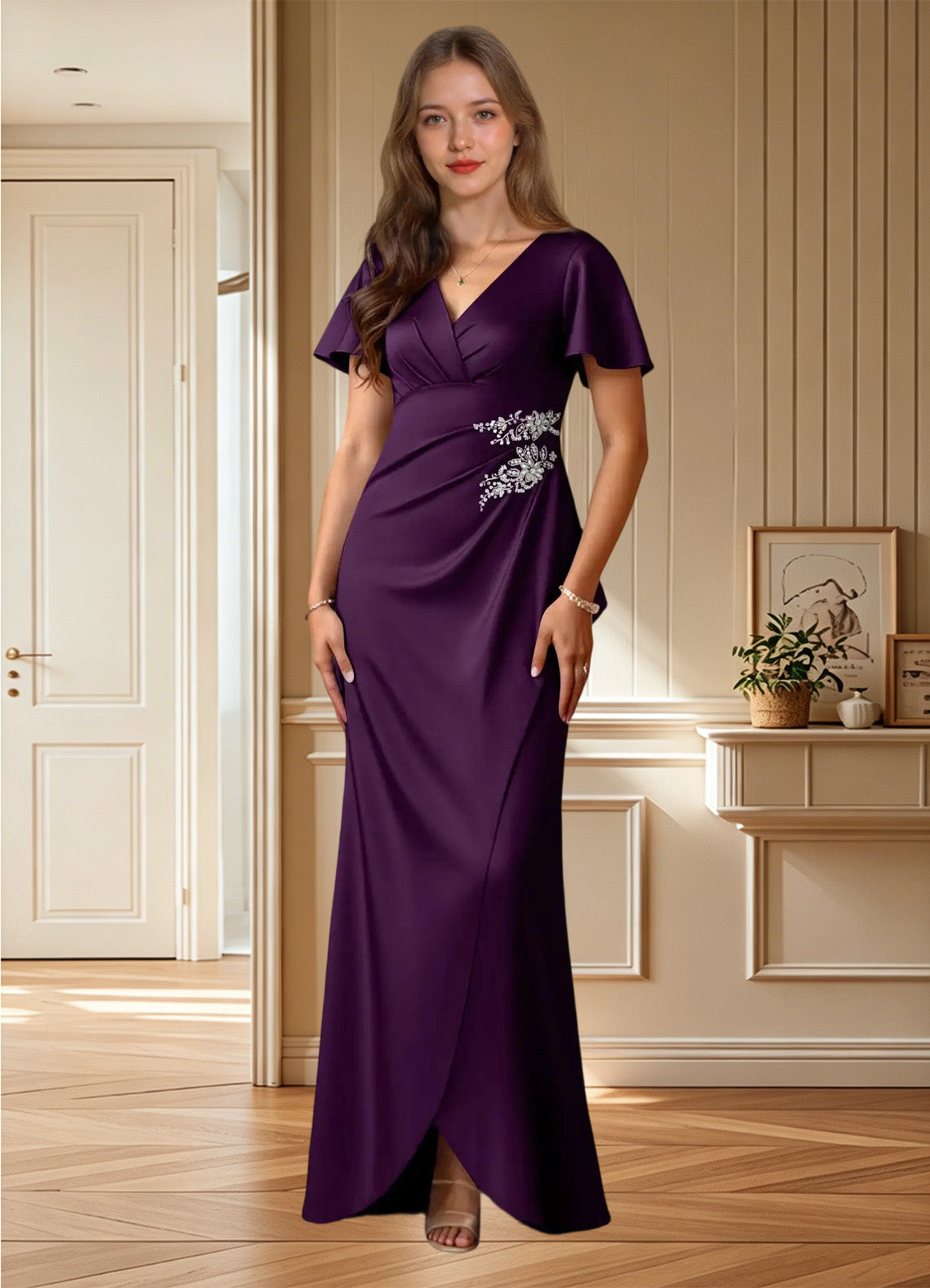 Augday Robins A-Line Pleated Stretch Satin Dress