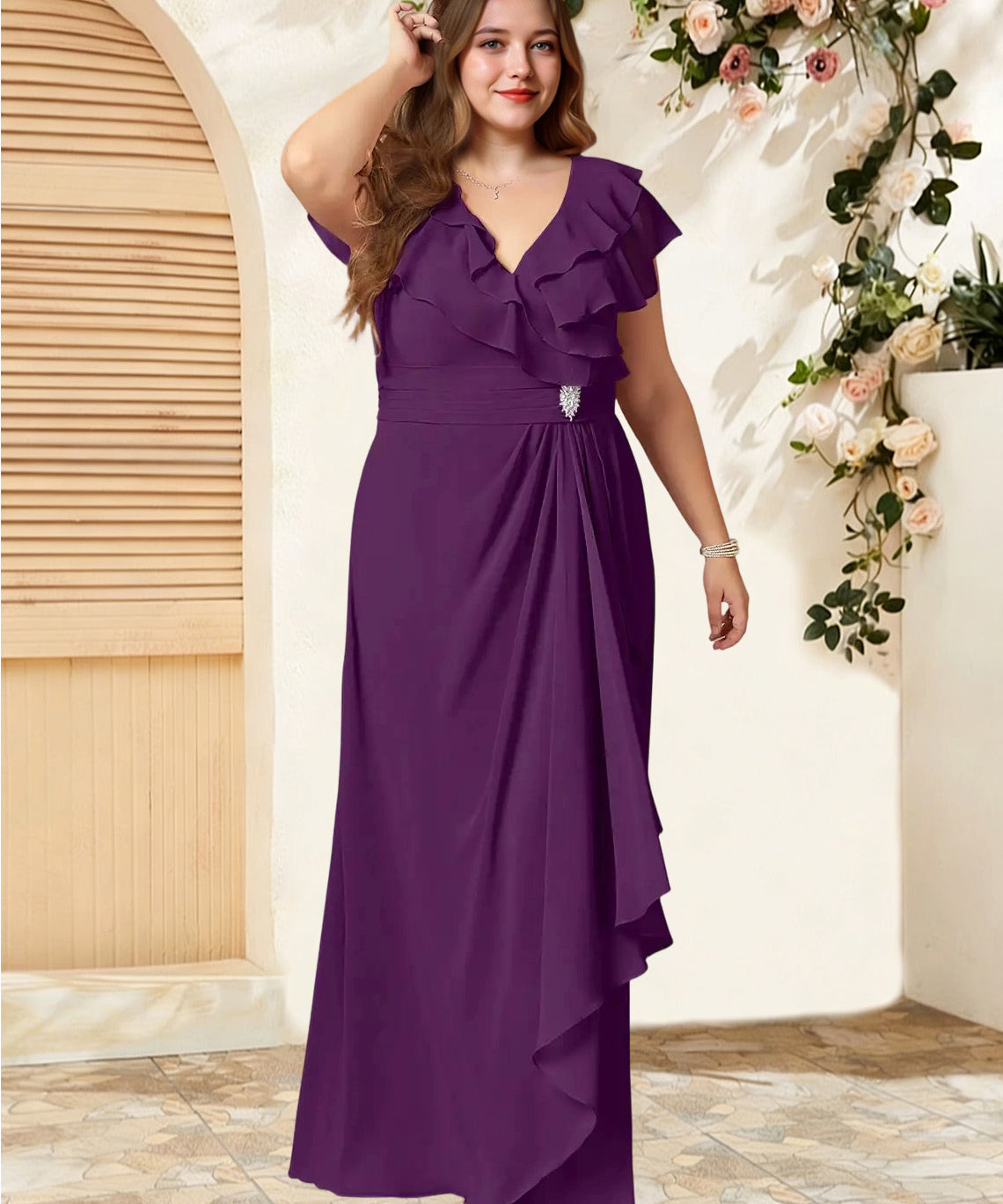 Augday Snapdragon A-Line V-Neck Ruched Chiffon Dress