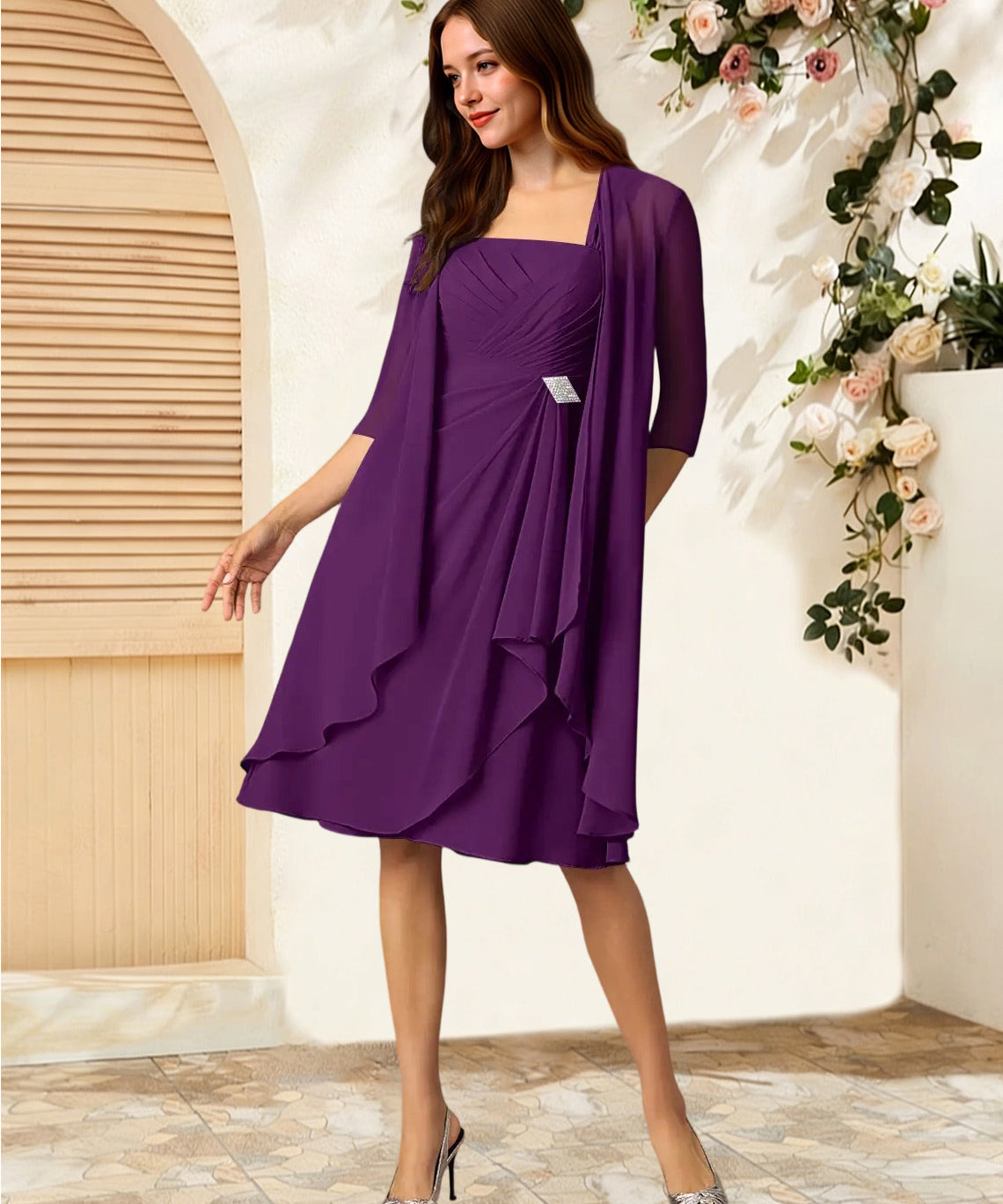 Augday Olivia A-Line Square Neckline Pleated Chiffon Dress