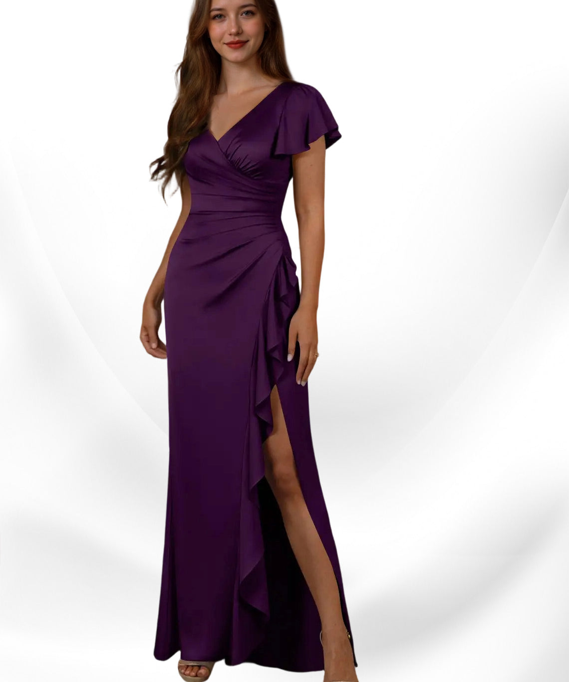 Augday Roya Mermaid V-Neck Pleated Stretch Satin
