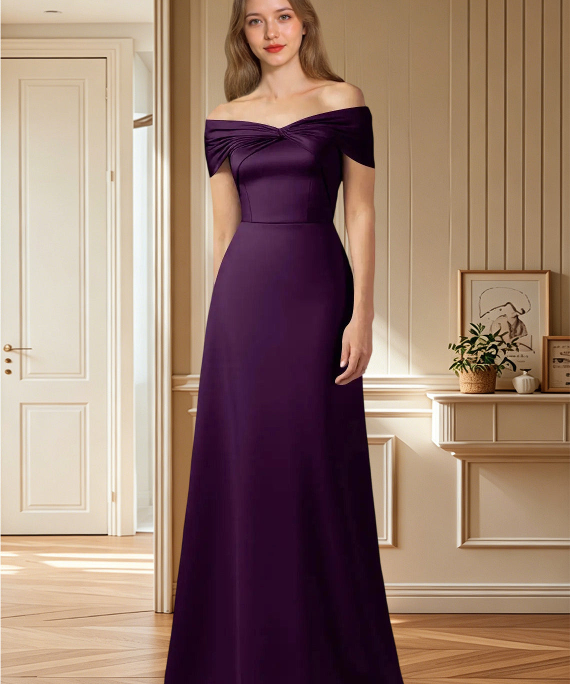 Augday Amelia A-Line Off the Shoulder Stretch Satin Dress