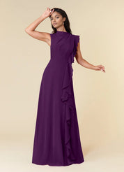 Augday A-Line High Neckline Pleated Chiffon Dress