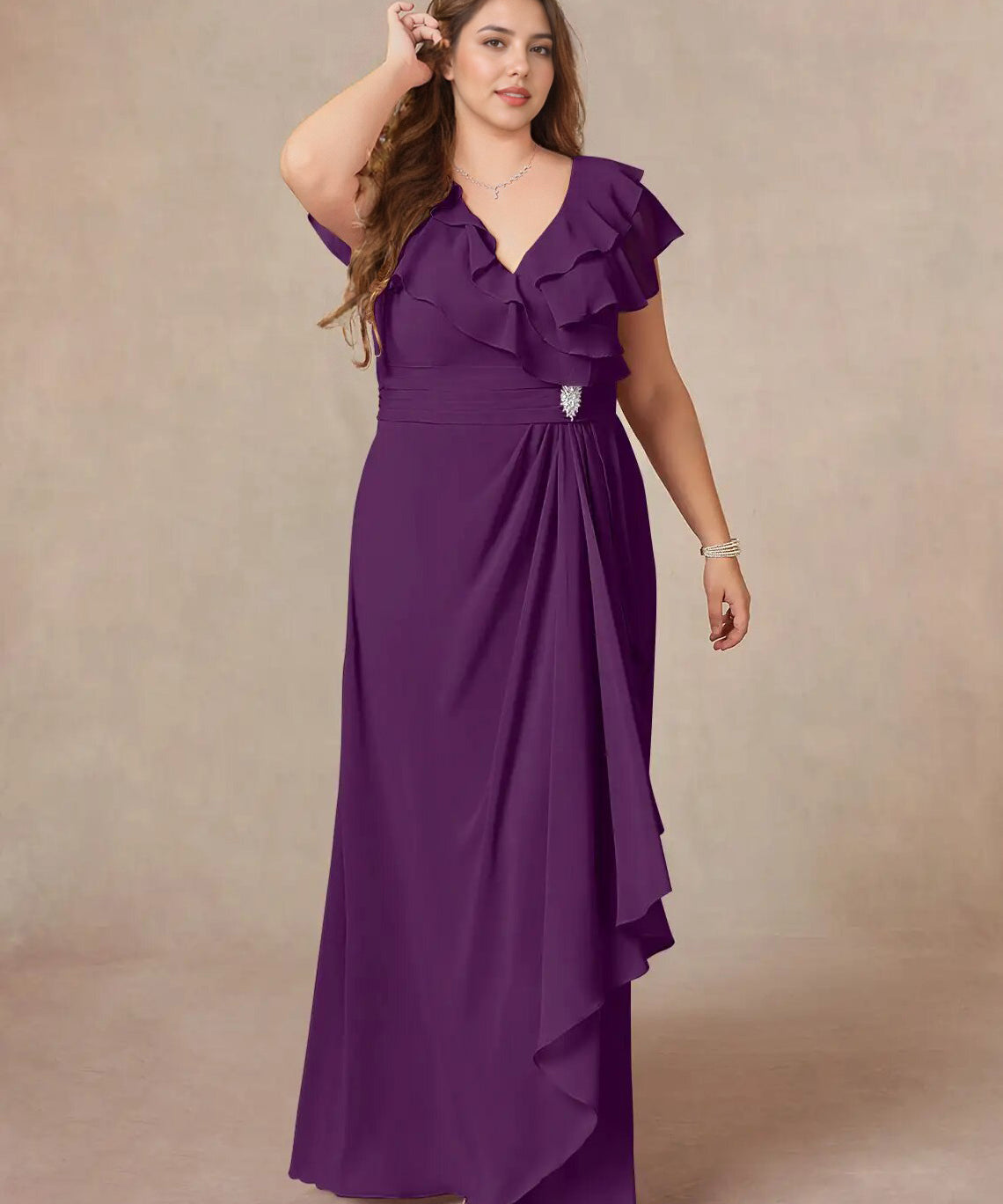 Augday A-Line V-Neck Ruched Chiffon Dress Plus Size
