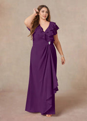 Augday A-Line V-Neck Ruched Chiffon Dress Plus Size