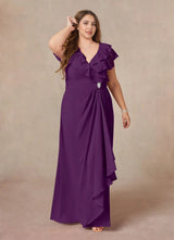 Augday A-Line V-Neck Ruched Chiffon Dress Plus Size