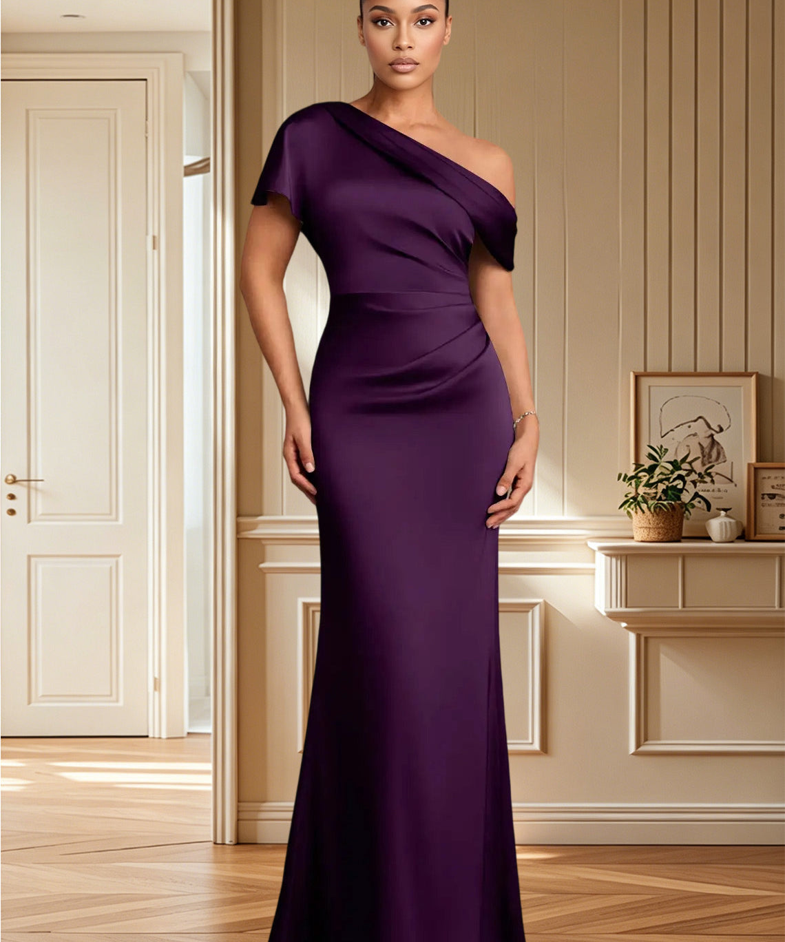 Augday Rutha Sheath One Shoulder Stretch Satin Dress