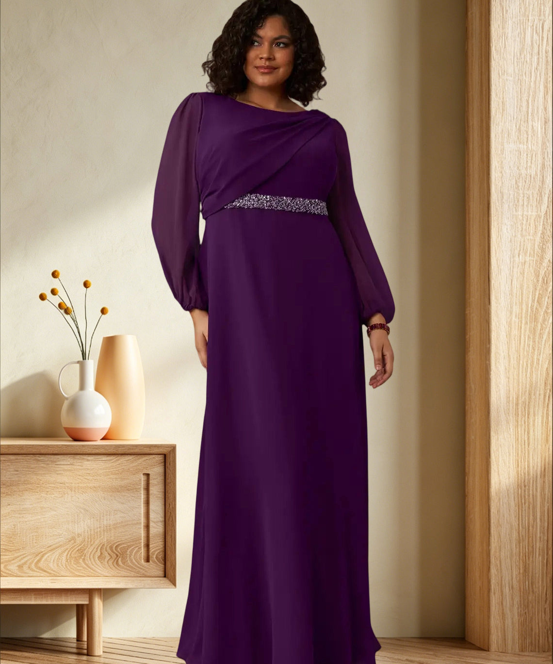 Augday Priyanka A-Line Boatneck Pleated Chiffon Dress