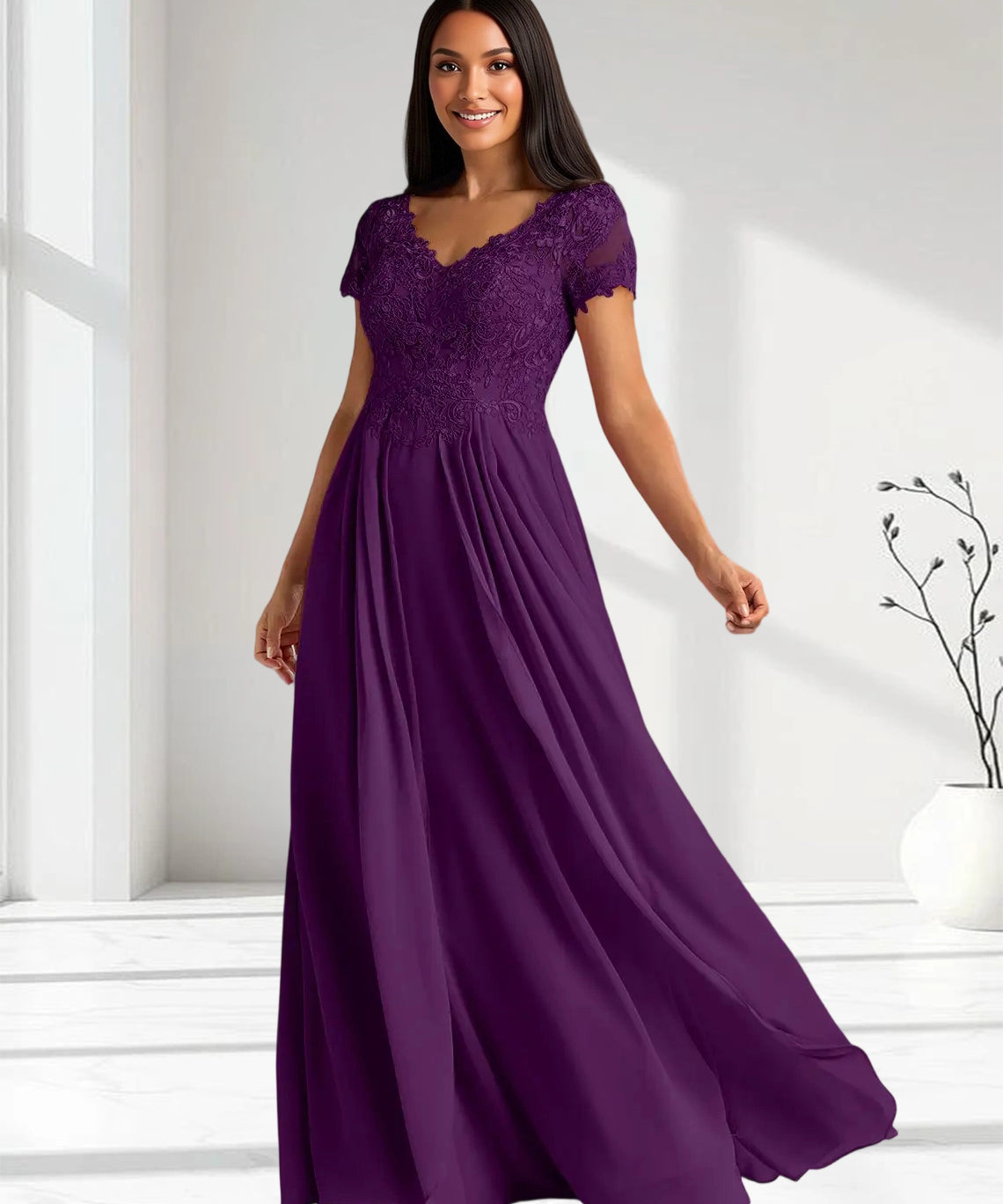 Augday Dunja A-Line V-Neck Lace Chiffon Dress