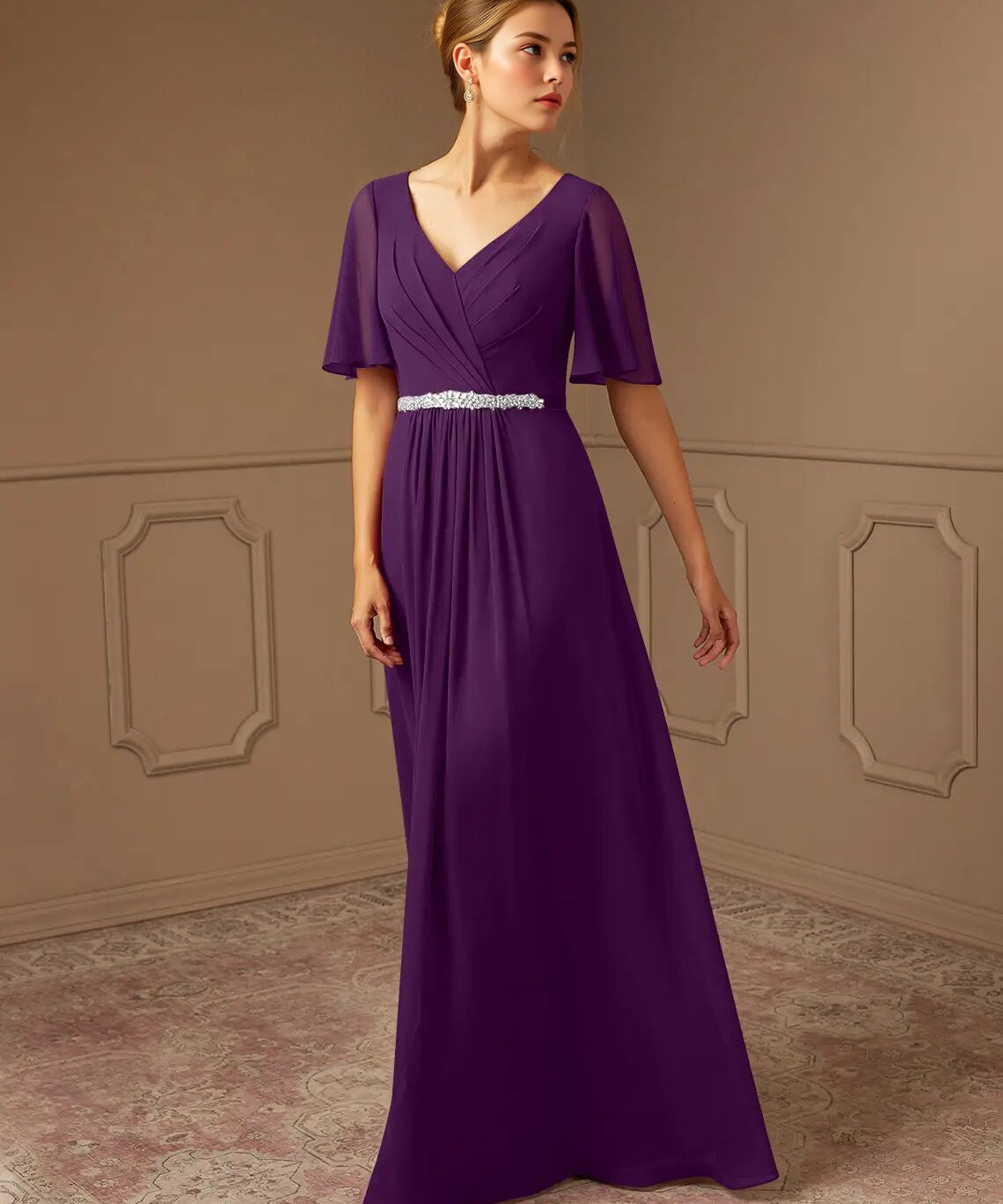 Augday A-Line V-Neck Pleated Chiffon Dress