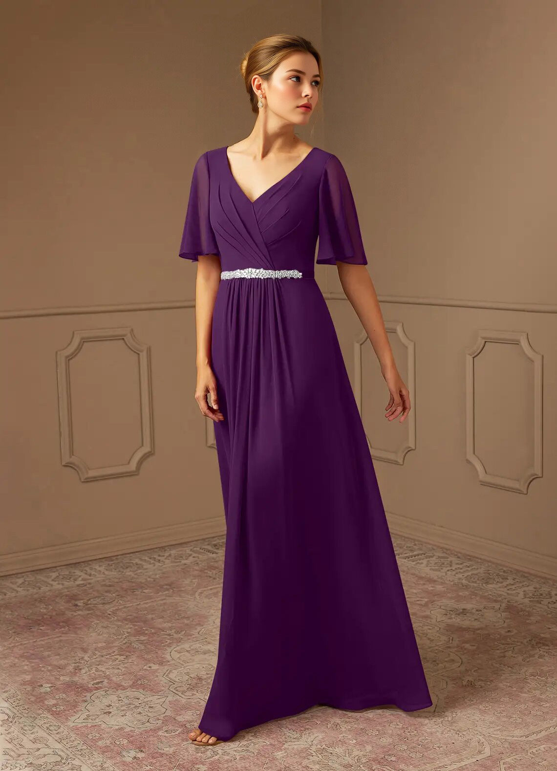 Augday A-Line V-Neck Pleated Chiffon Dress
