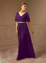 Augday A-Line V-Neck Pleated Chiffon Dress