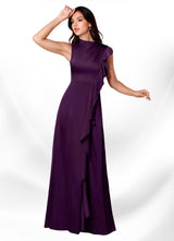 Augday Narine A-Line High Neckline Pleated Stretch Satin Dress