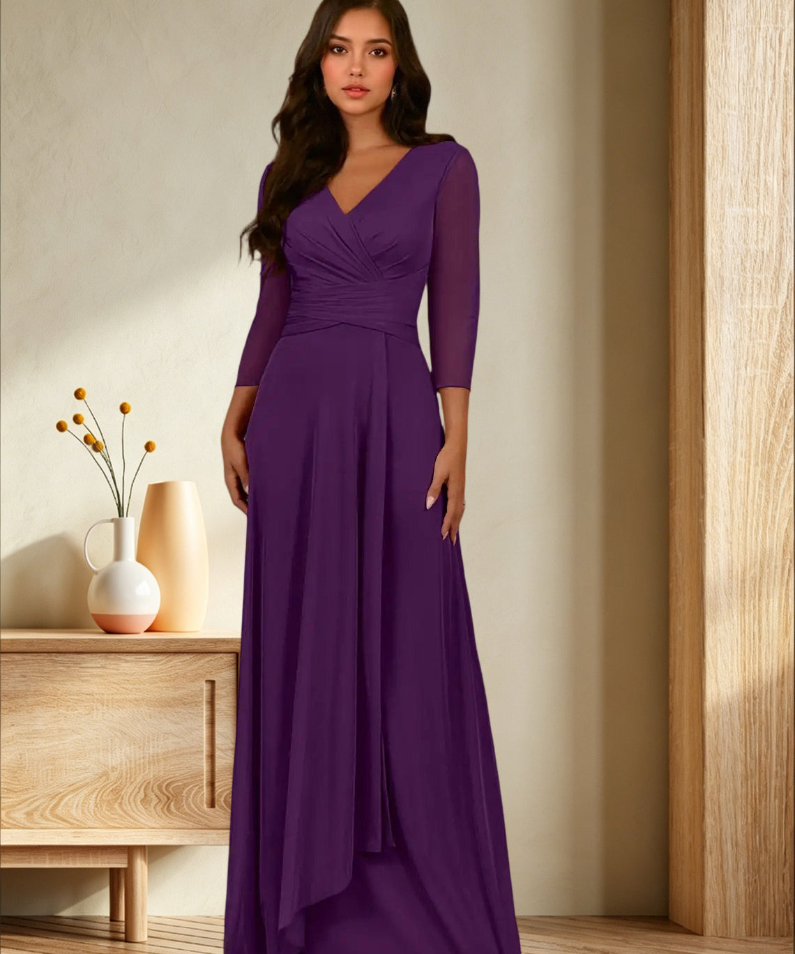 Augday Annetta A-Line V-Neck Pleated Mesh Dress