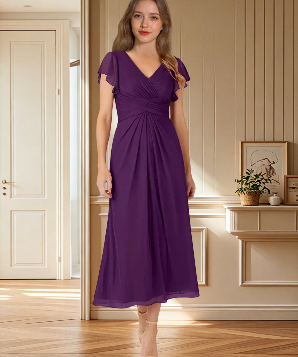 Augday Vera A-Line V-Neck Pleated Mesh Dress