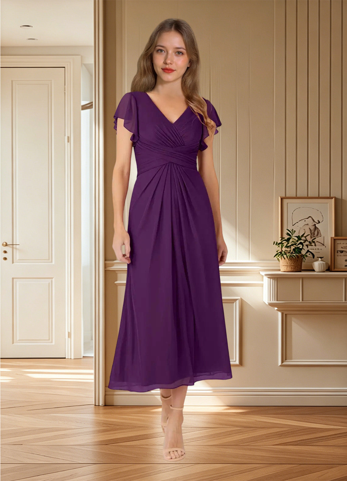 Augday Vera A-Line V-Neck Pleated Mesh Dress