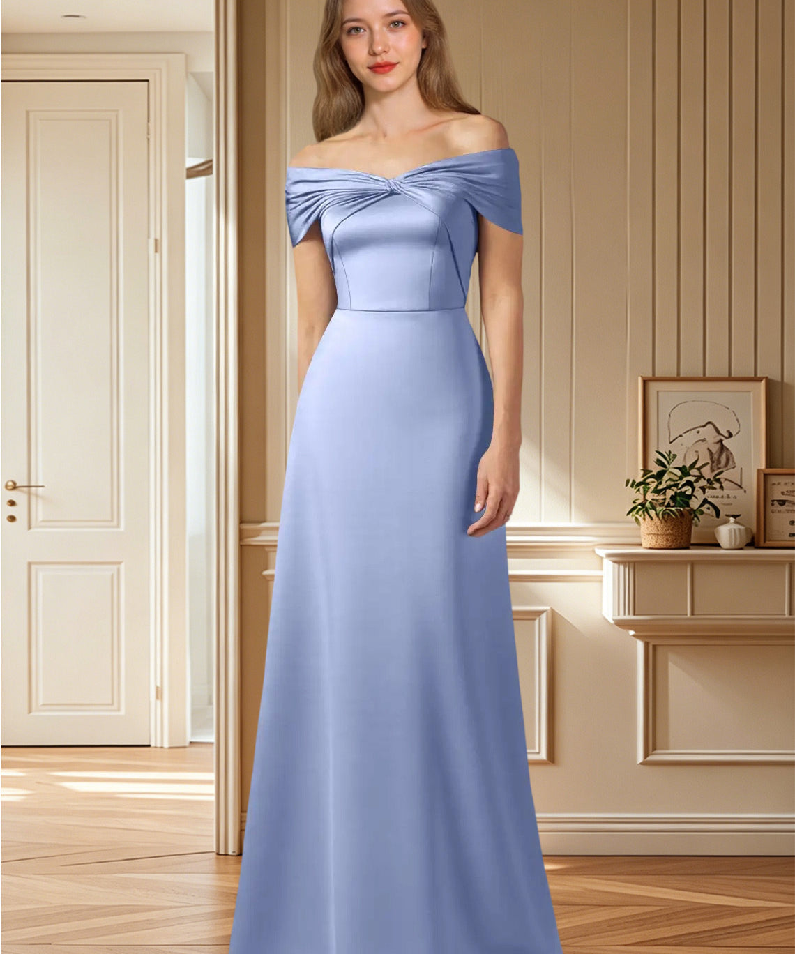 Augday Amelia A-Line Off the Shoulder Stretch Satin Dress