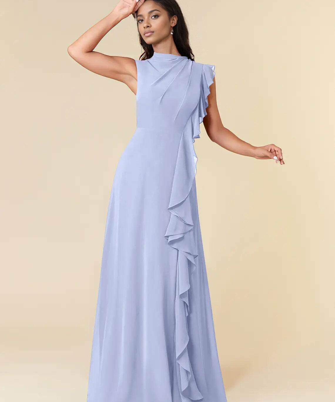 Augday A-Line High Neckline Pleated Chiffon Dress