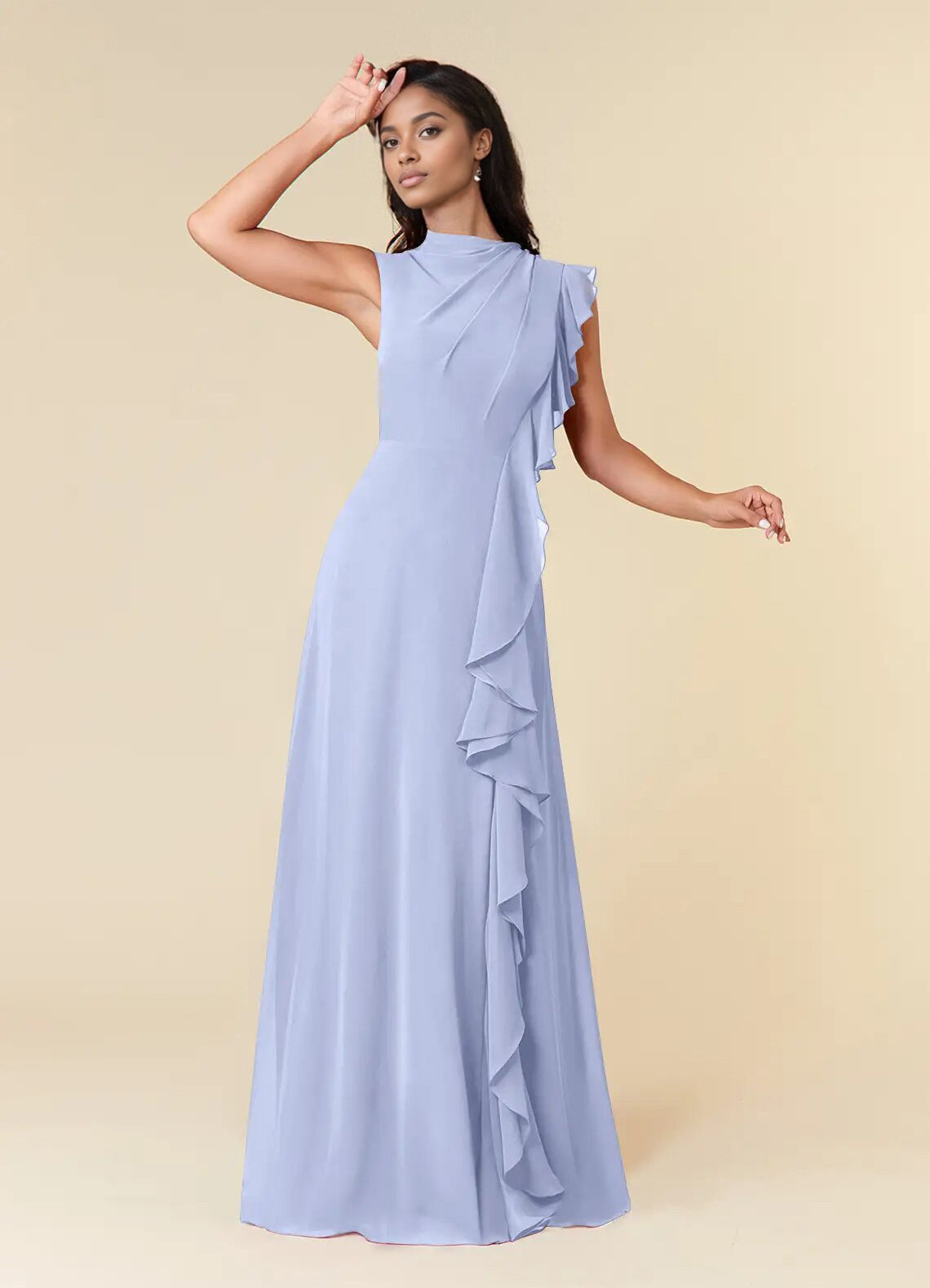 Augday A-Line High Neckline Pleated Chiffon Dress