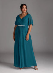 Augday A-Line V-Neck Pleated Chiffon Dress Plus Size