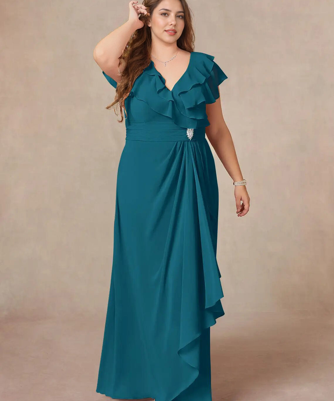 Augday A-Line V-Neck Ruched Chiffon Dress Plus Size