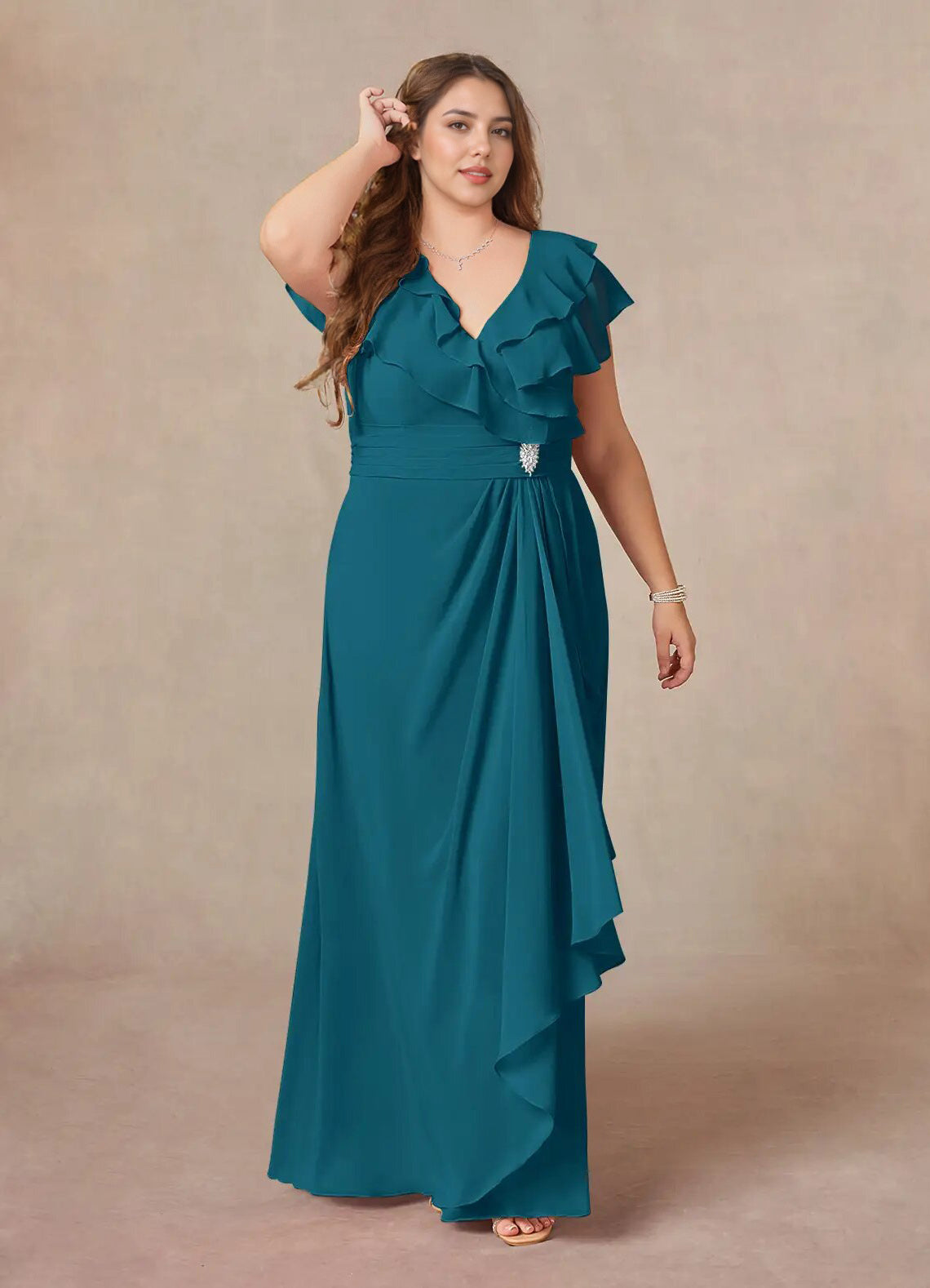 Augday A-Line V-Neck Ruched Chiffon Dress Plus Size