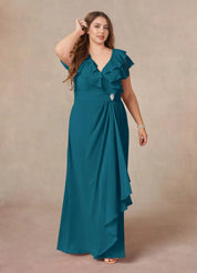 Augday A-Line V-Neck Ruched Chiffon Dress Plus Size