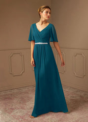 Augday A-Line V-Neck Pleated Chiffon Dress