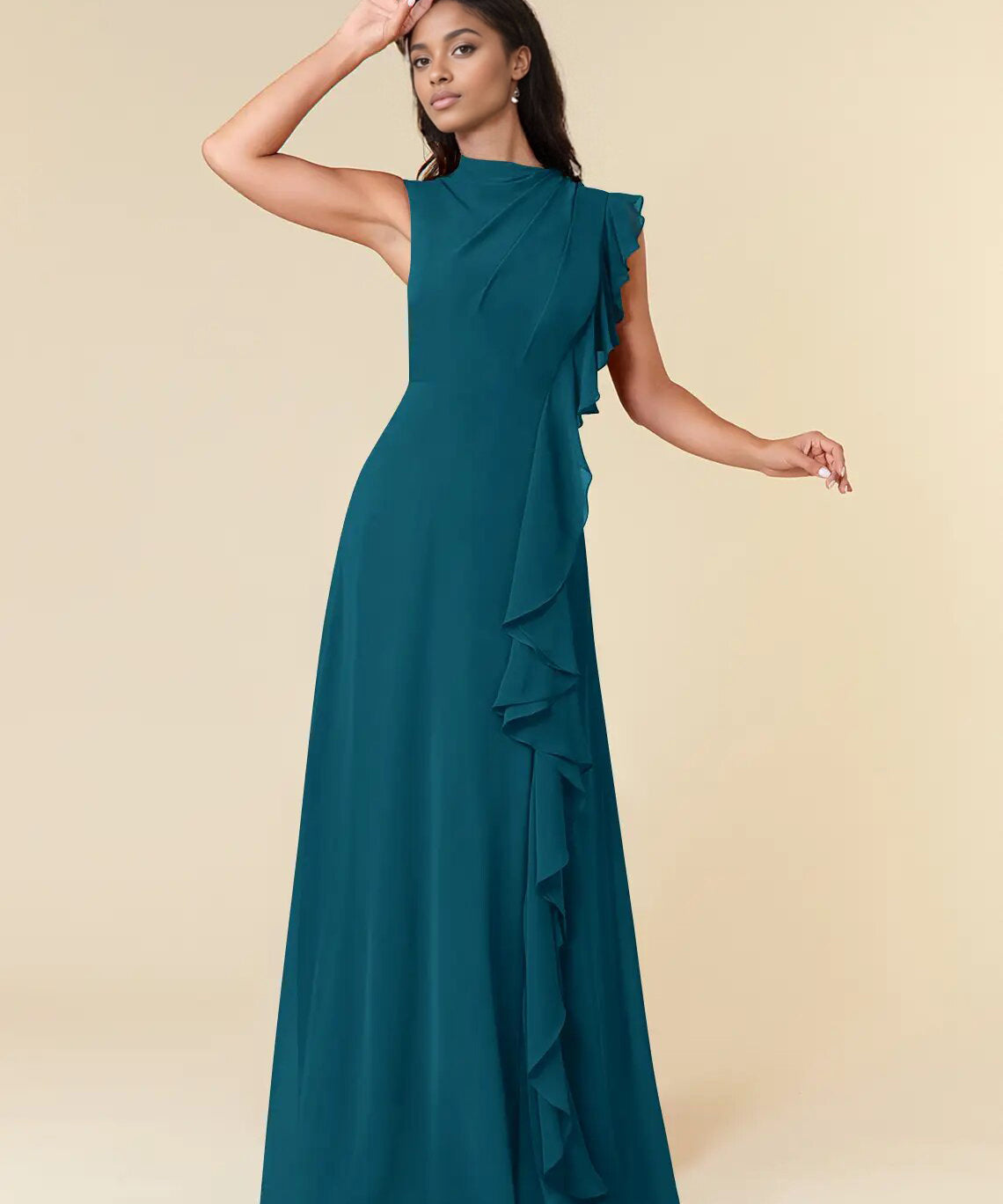 Augday A-Line High Neckline Pleated Chiffon Dress