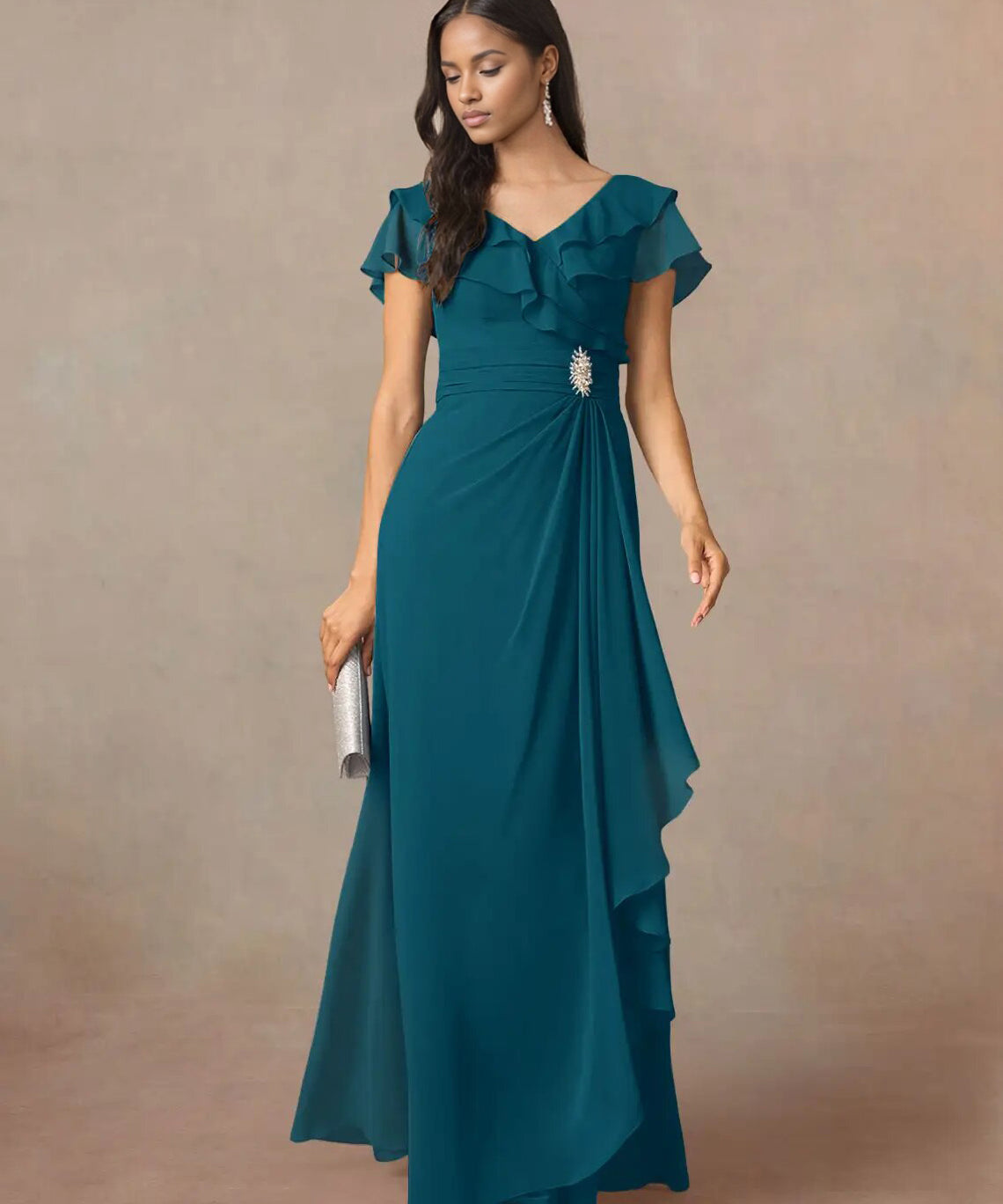 Augday A-Line V-Neck Ruched Chiffon Dress