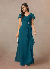 Augday A-Line V-Neck Ruched Chiffon Dress