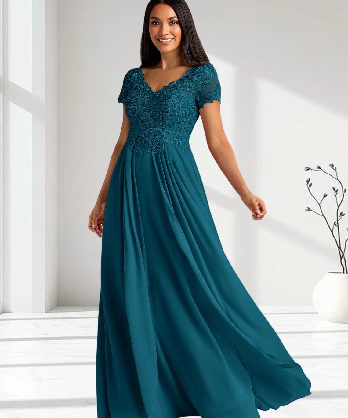 Augday Dunja A-Line V-Neck Lace Chiffon Dress