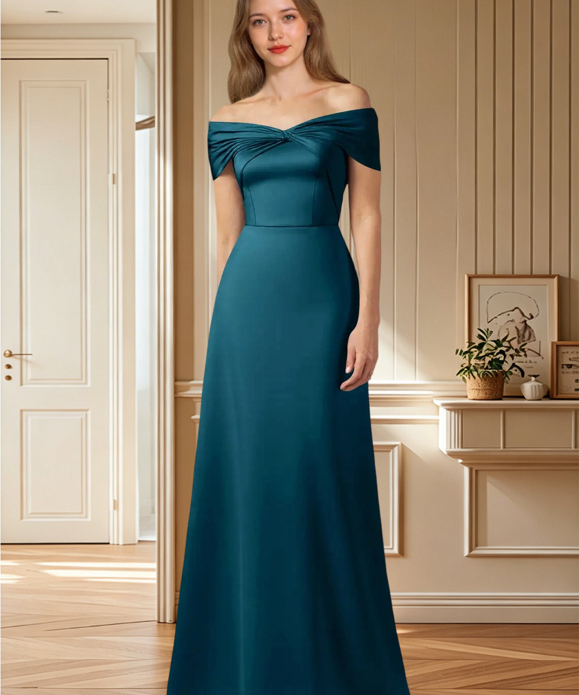 Augday Amelia A-Line Off the Shoulder Stretch Satin Dress