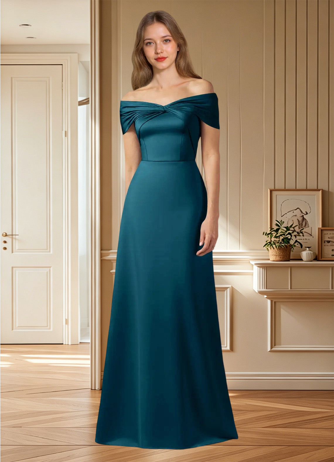 Augday Amelia A-Line Off the Shoulder Stretch Satin Dress