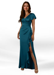Augday Roya Mermaid V-Neck Pleated Stretch Satin Dress