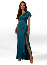 Augday Roya Mermaid V-Neck Pleated Stretch Satin Dress