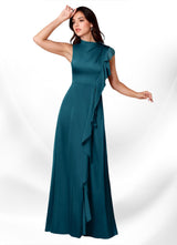 Augday Narine A-Line High Neckline Pleated Stretch Satin Dress