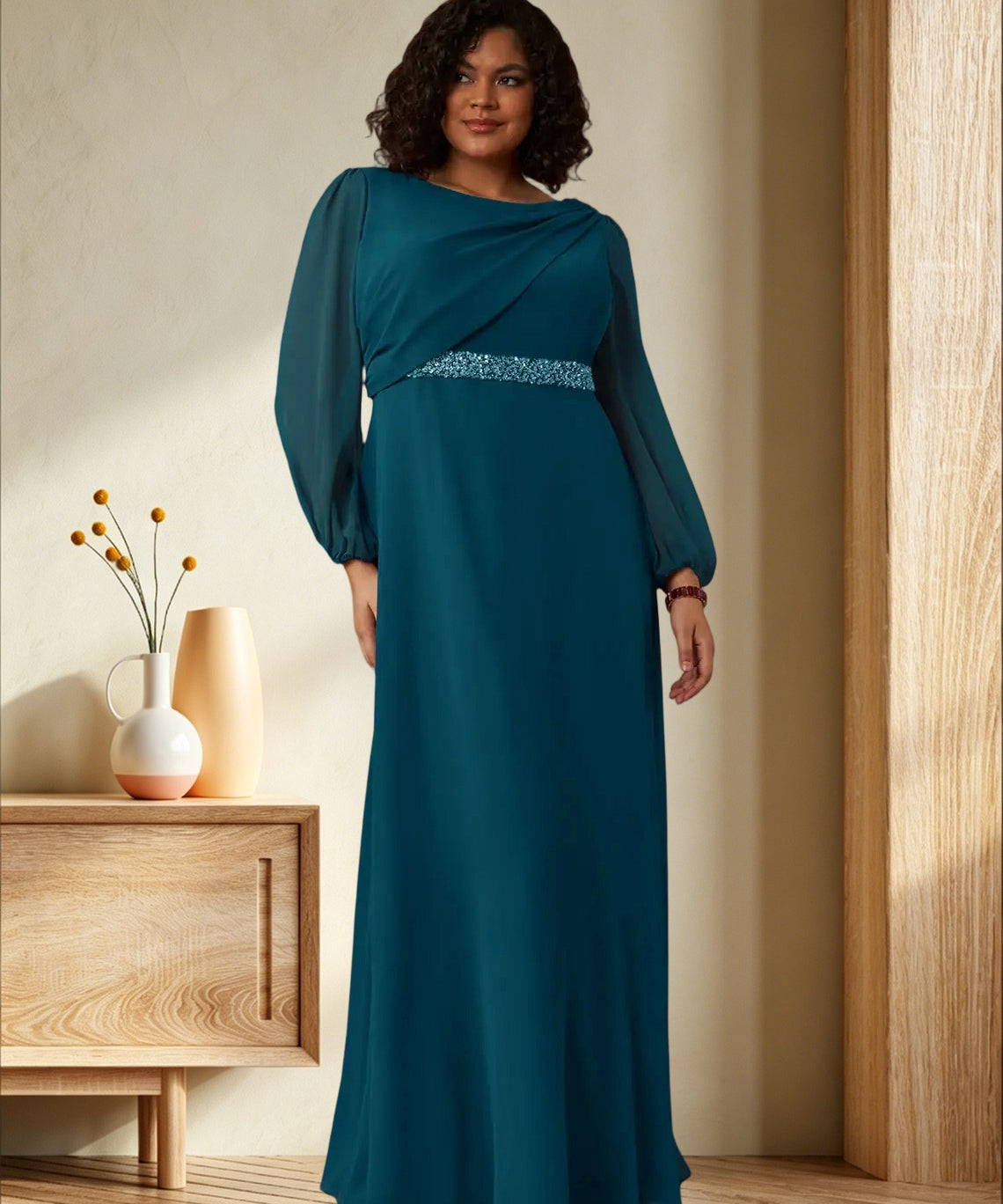 Augday Priyanka A-Line Boatneck Pleated Chiffon Dress