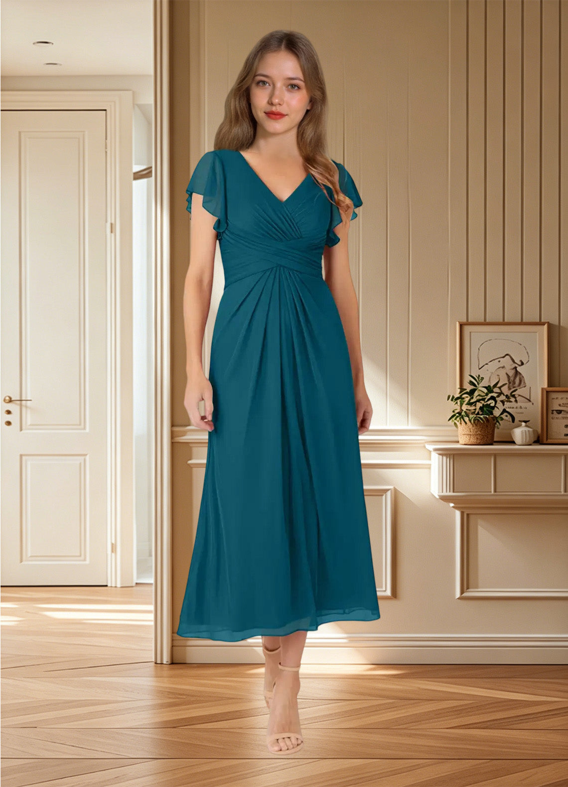 Augday Vera A-Line V-Neck Pleated Mesh Dress