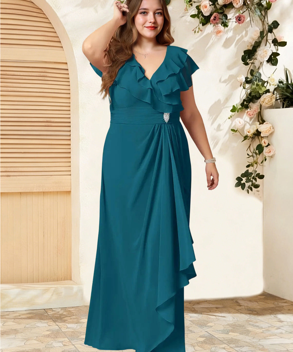 Augday Snapdragon A-Line V-Neck Ruched Chiffon Dress