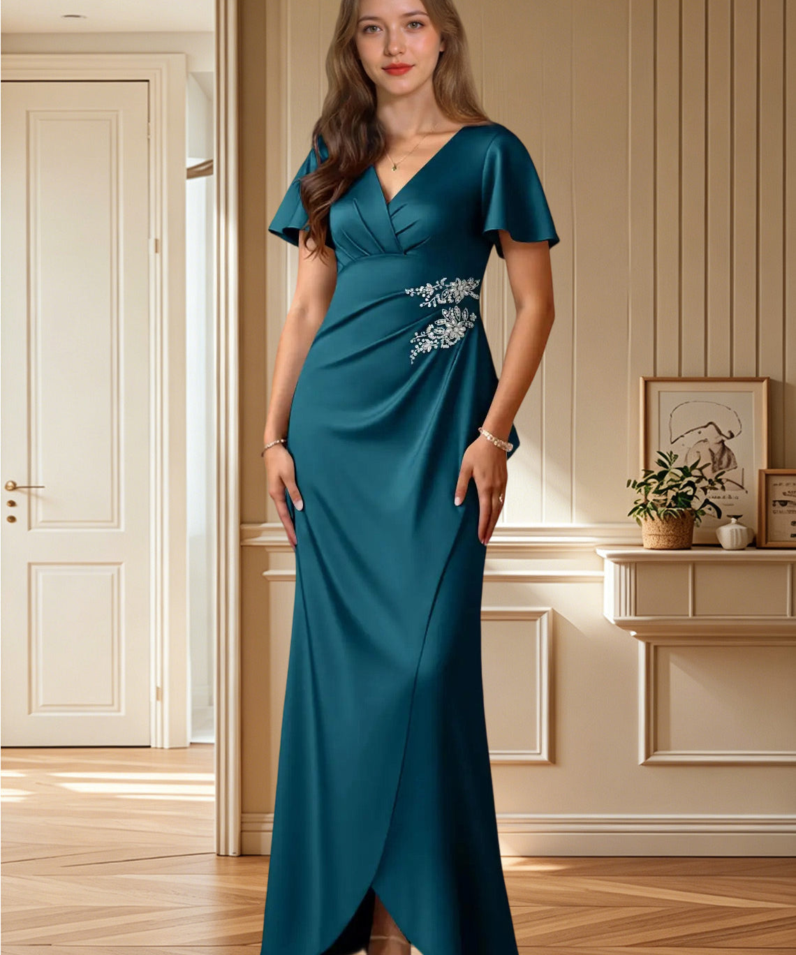 Augday Robins A-Line Pleated Stretch Satin Dress