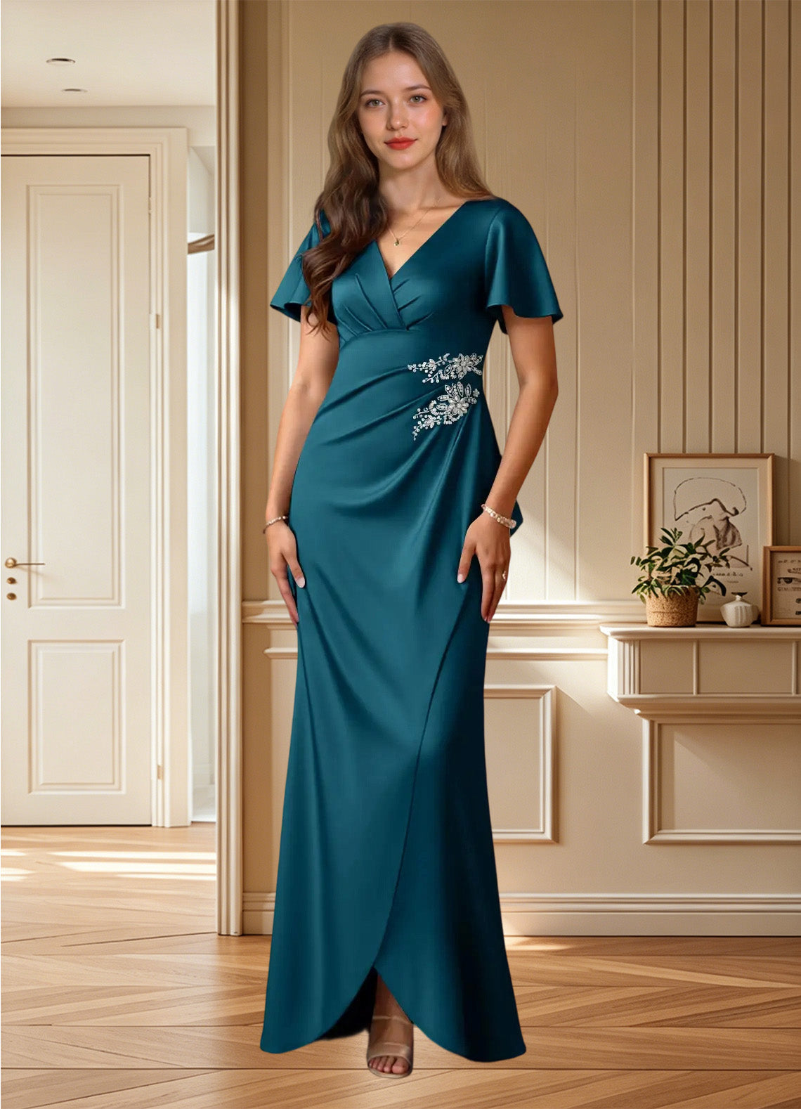 Augday Robins A-Line Pleated Stretch Satin Dress