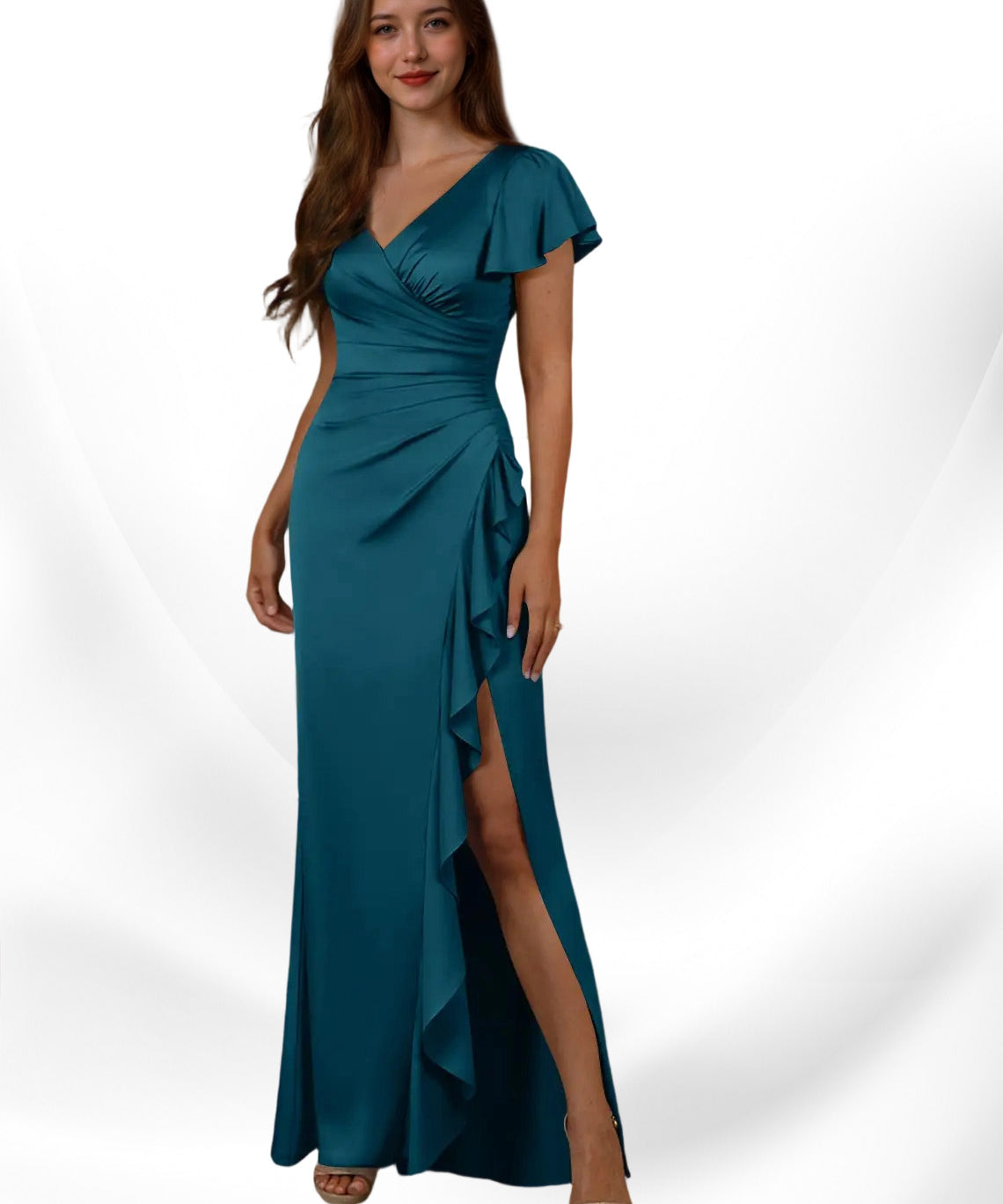 Augday Roya Mermaid V-Neck Pleated Stretch Satin