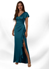 Augday Roya Mermaid V-Neck Pleated Stretch Satin