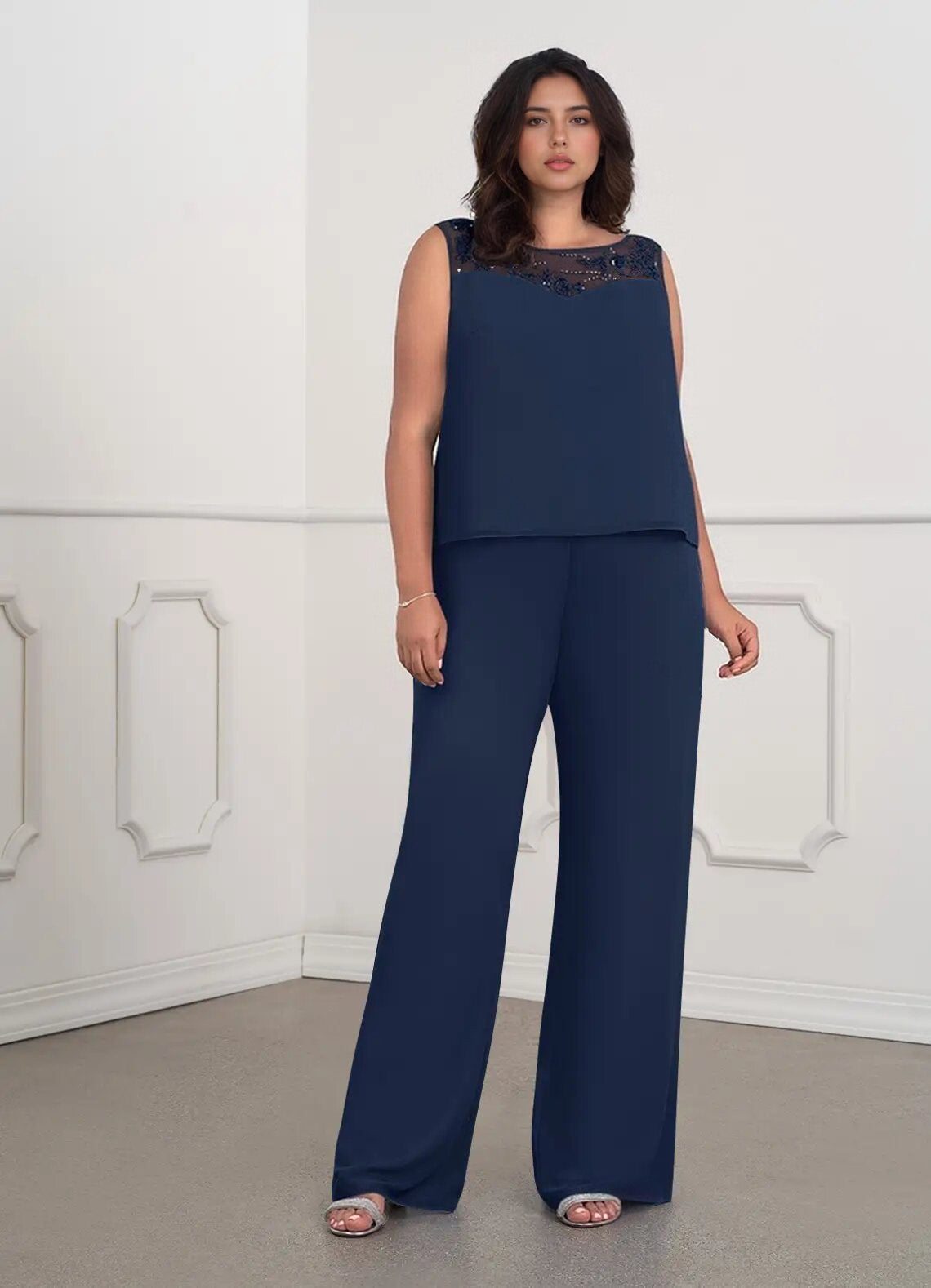 Augday Maura Mother of the Bride Dresses JumpsuitPantsuit Sequins Chiffon Dress Plus Size