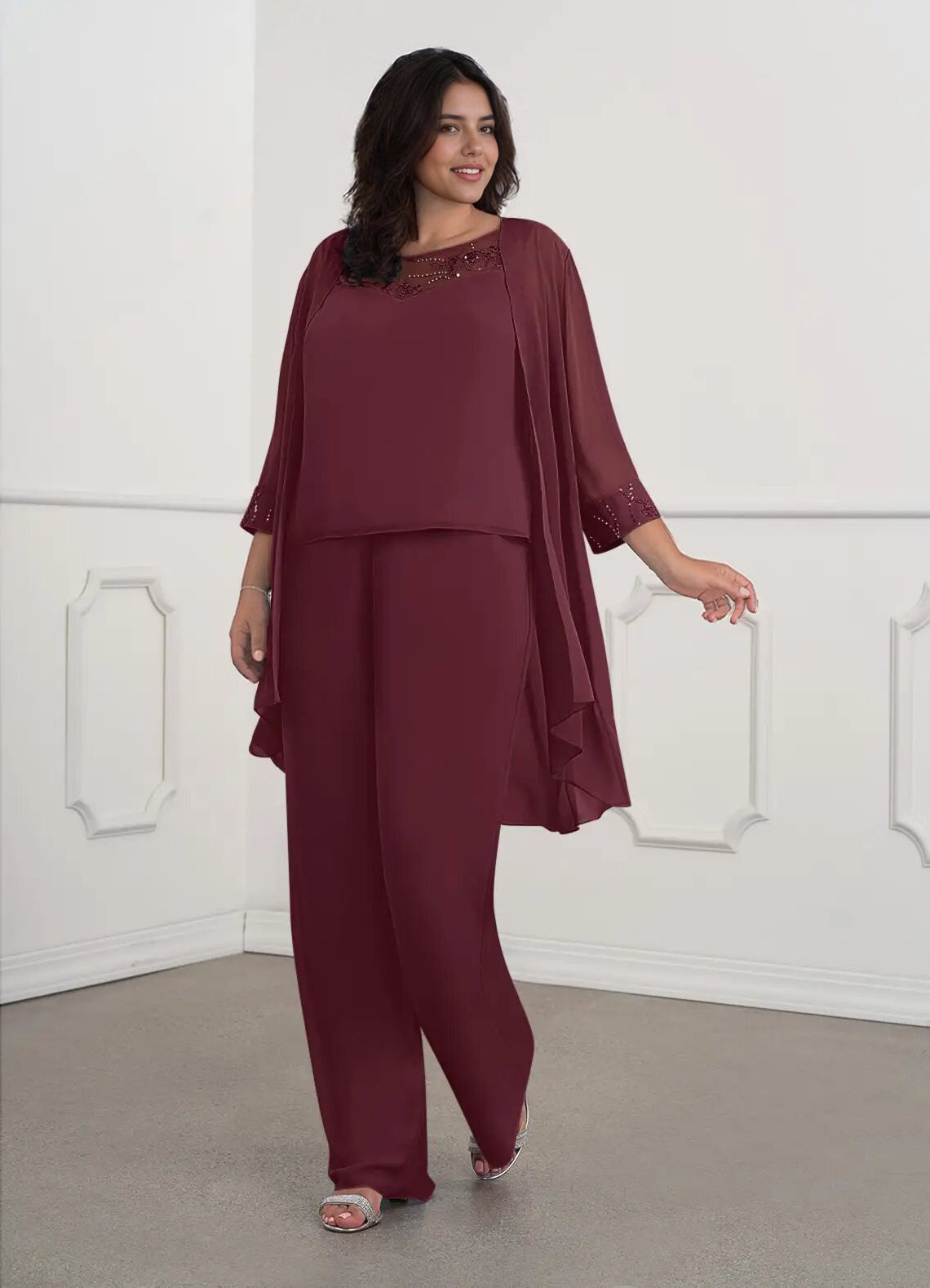 Augday Maura Mother of the Bride Dresses JumpsuitPantsuit Sequins Chiffon Dress Plus Size